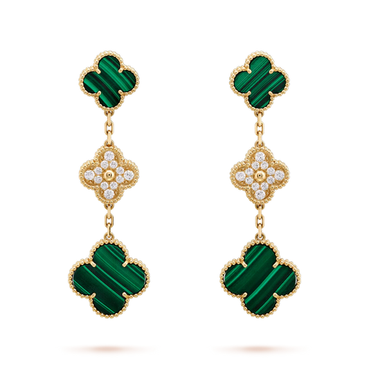 [basloveJW]CLOVER EARRINGS GOLD MALACHITE DIAMOND 3 MOTIF