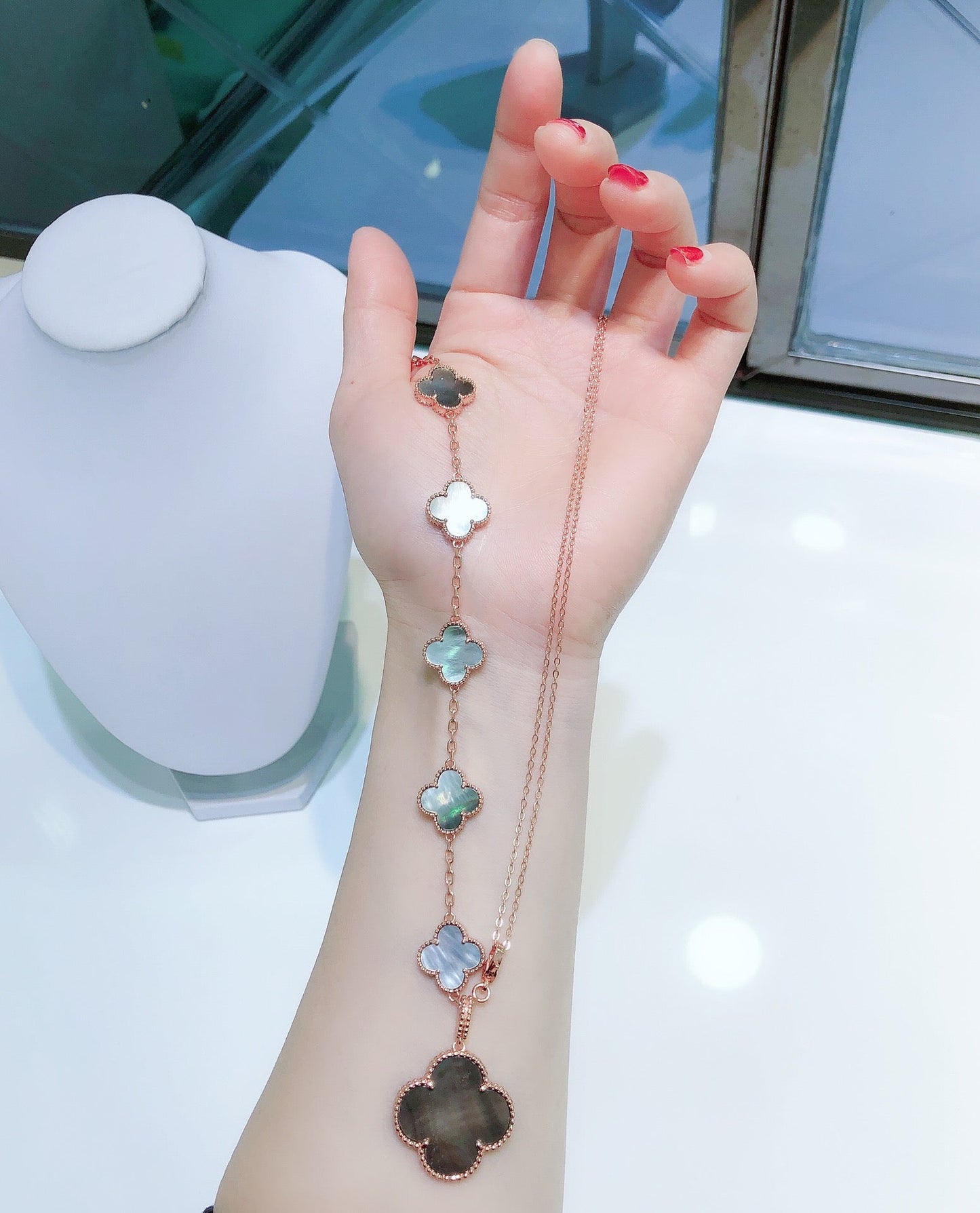 [basloveJW]COMBINED BRACELET 5 MOTIFS AND NECKLACE DARK MOP ROSE GOLD