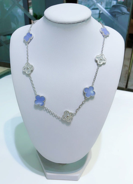 [basloveJW]CLOVER 10 MOTIFS CHALCEDONY DIAMONDS SILVER NECKLACE