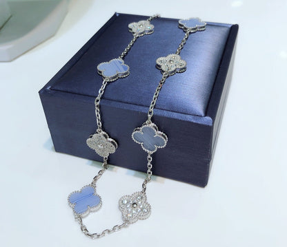 [basloveJW]CLOVER 10 MOTIFS CHALCEDONY DIAMONDS SILVER NECKLACE