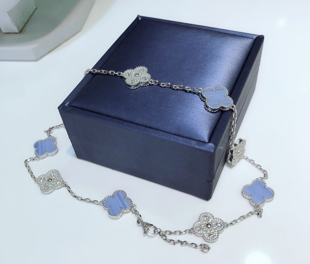 [basloveJW]CLOVER 10 MOTIFS CHALCEDONY DIAMONDS SILVER NECKLACE