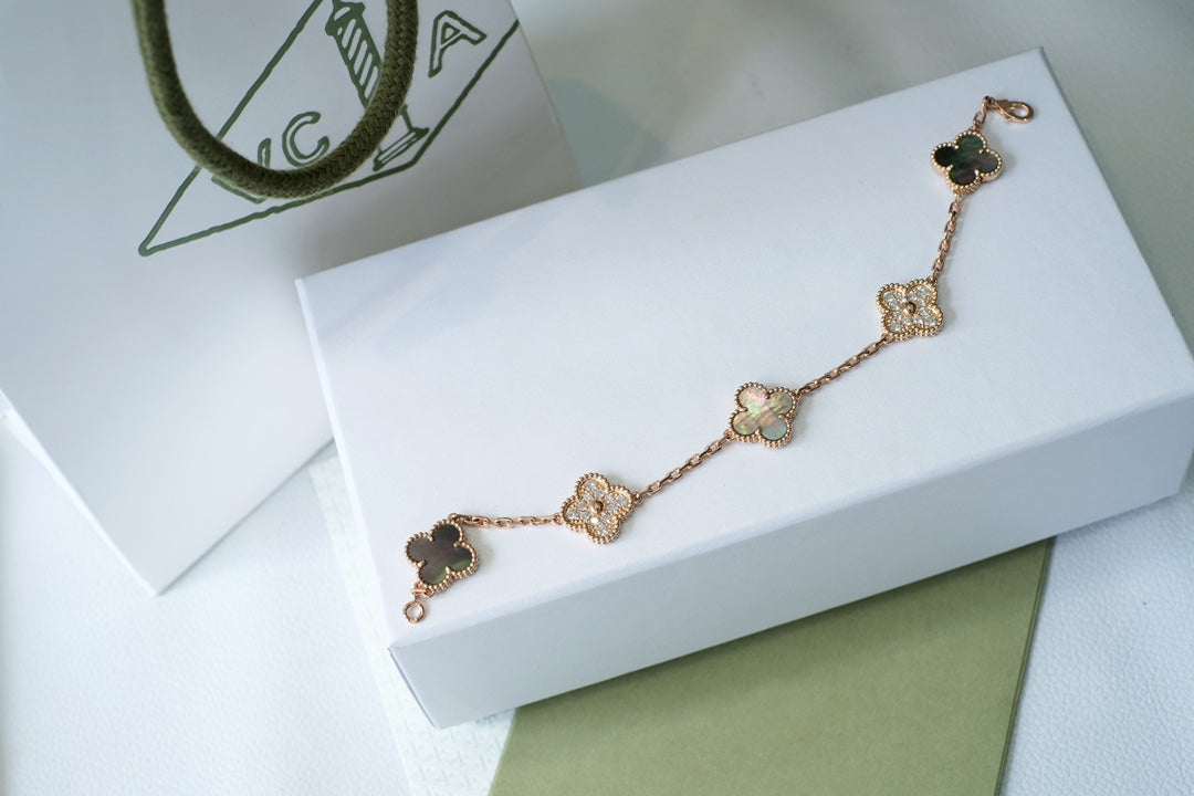 [basloveJW]CLOVER 5 MOTIFS DARK MOP AND DIAMONDS PINK GOLD BRACELET