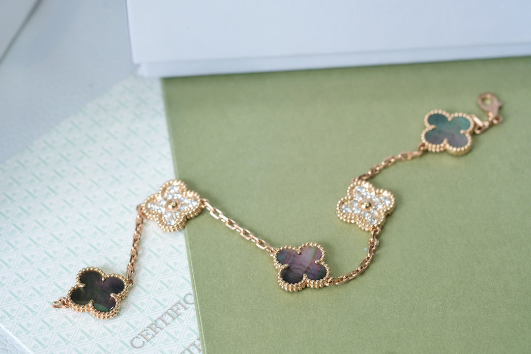 [basloveJW]CLOVER 5 MOTIFS DARK MOP AND DIAMONDS PINK GOLD BRACELET