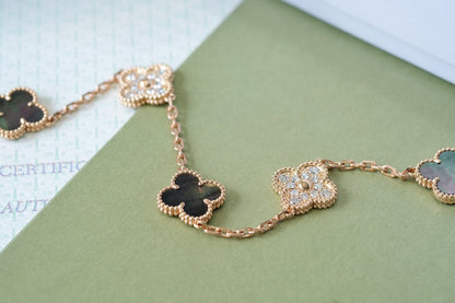 [basloveJW]CLOVER 5 MOTIFS DARK MOP AND DIAMONDS PINK GOLD BRACELET